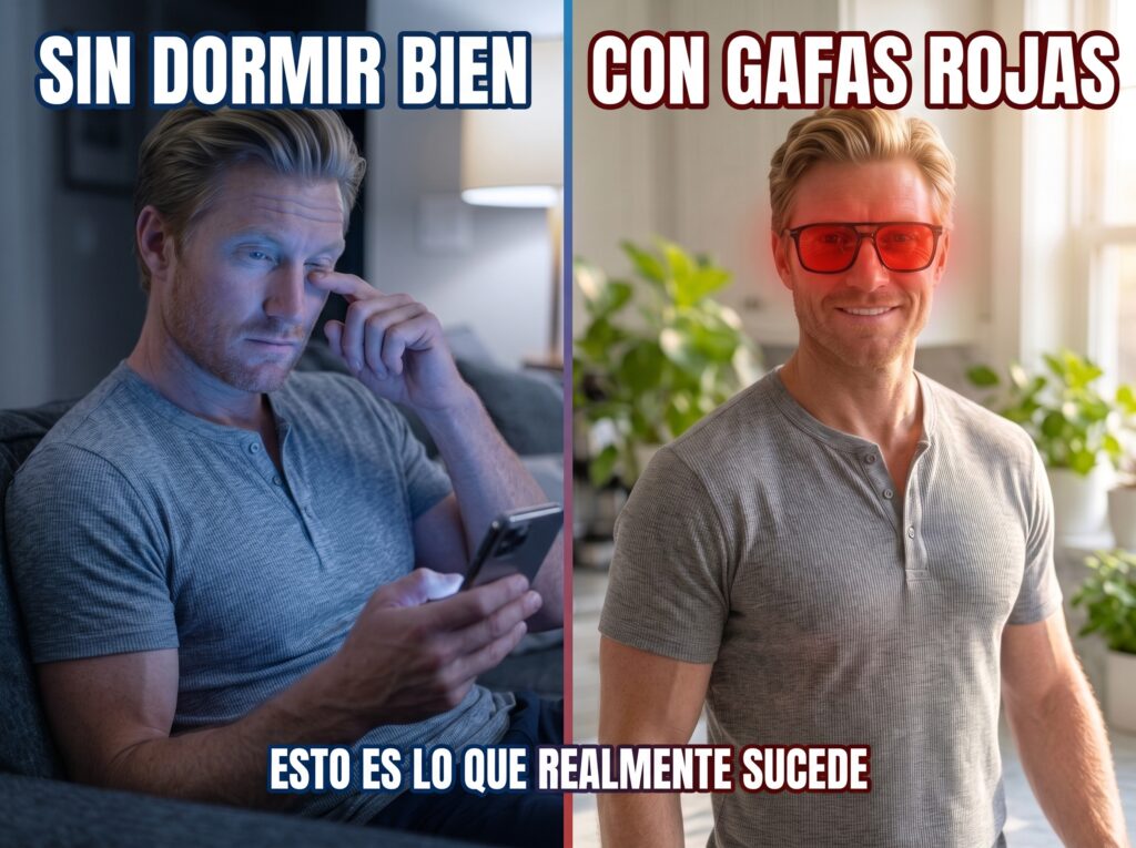 Persona usando gafas de luz roja antes de dormir